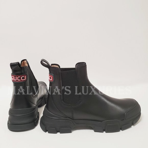 GUCCI MENS BOOTS LEON ANKLE CHELSEA LOGO BACK BLACK LEATHER sz 9G 9.5 US - Picture 6 of 14